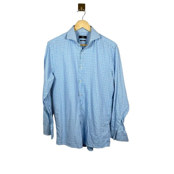 Hugo Boss Men’s Plaid Sharp Fit Formal Dress Shirt in Blue/Purple Size L - Picture 1 of 10